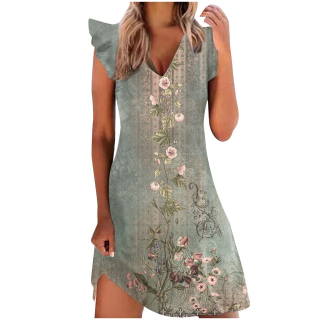 Robes d'Été Aguichant pour Femmes Mode Femmes Décontractées Aguichant Col en V Imprimé Robes d'Été Sans Manches Robe Chandail Aguichant Robes Aguichant pour Femmes Été Robe d'Été pour Femmes Aguichant