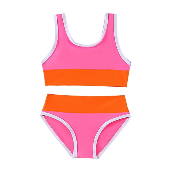 Toddler Girl Swimsuit Girls Color Block Sleeveless Ruffle Tankini Top and Bikini Bottom Set Thick Strap Crew Neck Upf 50 Beach Party Orange 3 Years-4 Years