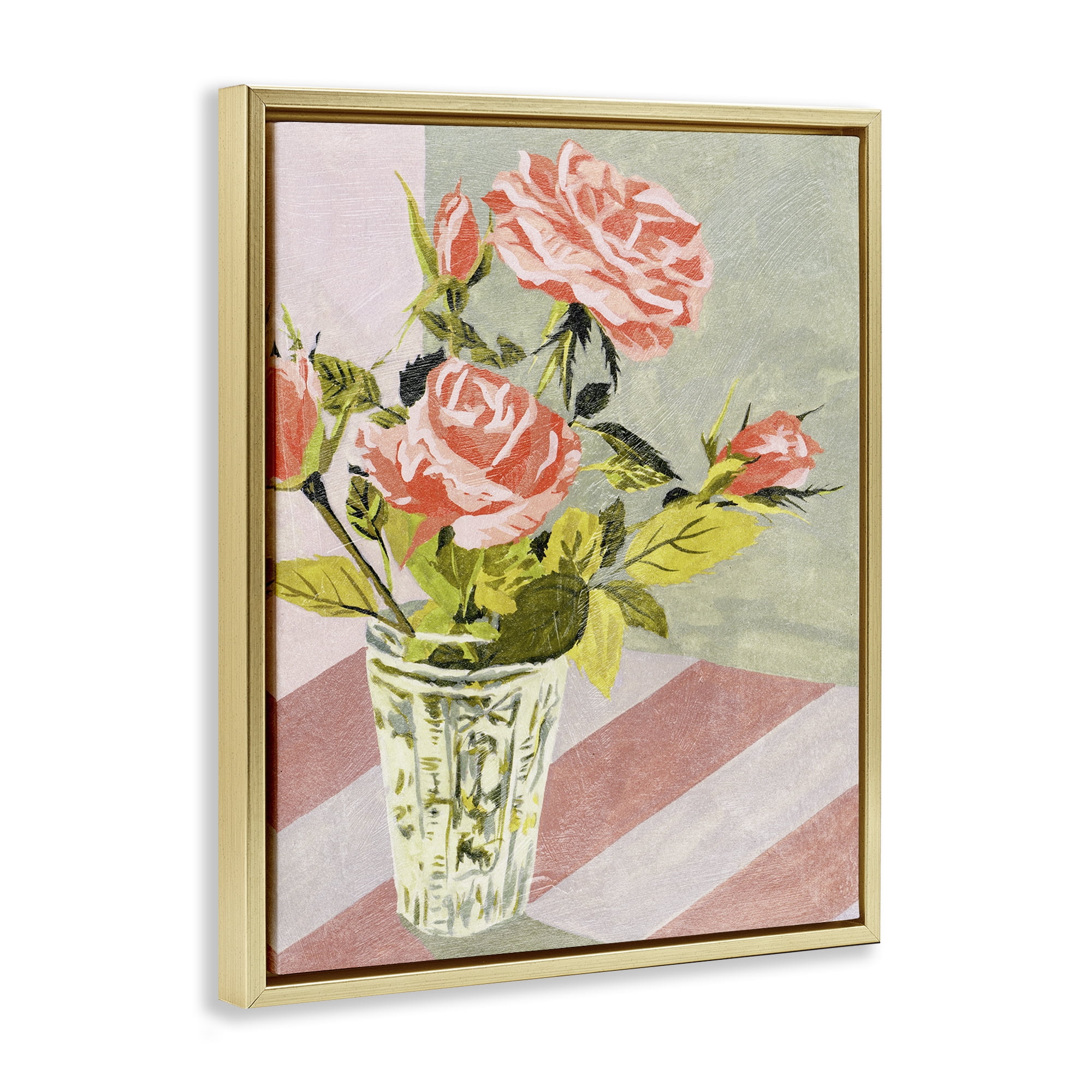 Stupell Industries Pink Roses on Stripes Plants & Flowers Painting Gold Floater Framed Canvas Art Print Wall Art, 17 x 21