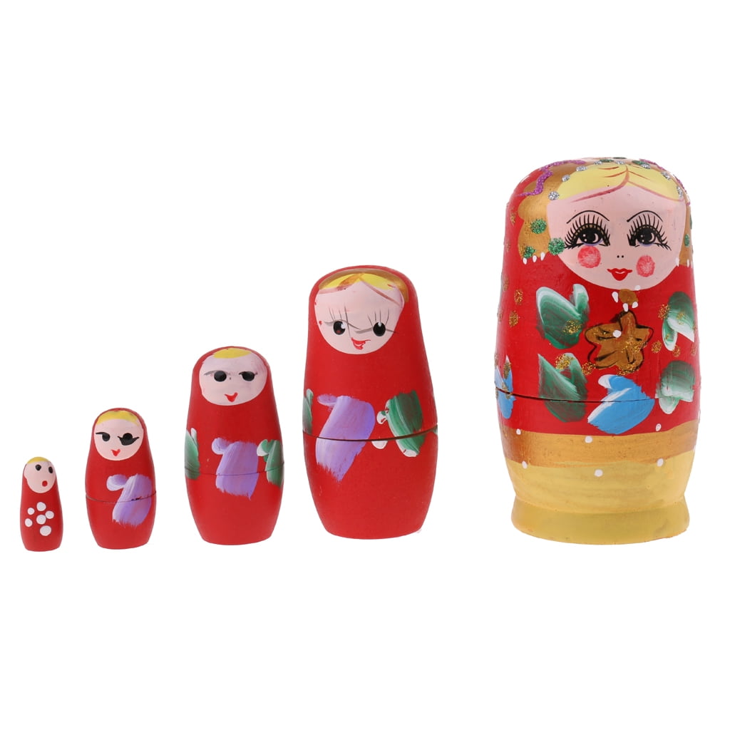 5 Pcs Red Girl Printed Babushka Russian Nesting Dolls Matryoshka Toys Gift 