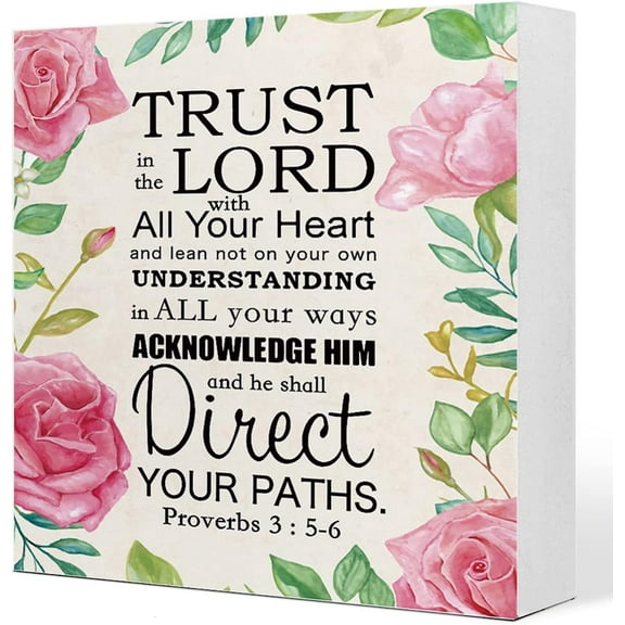 Proverbs 35-6 Trust in the Lord with All Your Heart Wooden Box Sign,Christian Desk Decor for Women,Religious Wood Signs,Bible Scripture Shelf Decor,Christian Faith Decor 5x5 inch