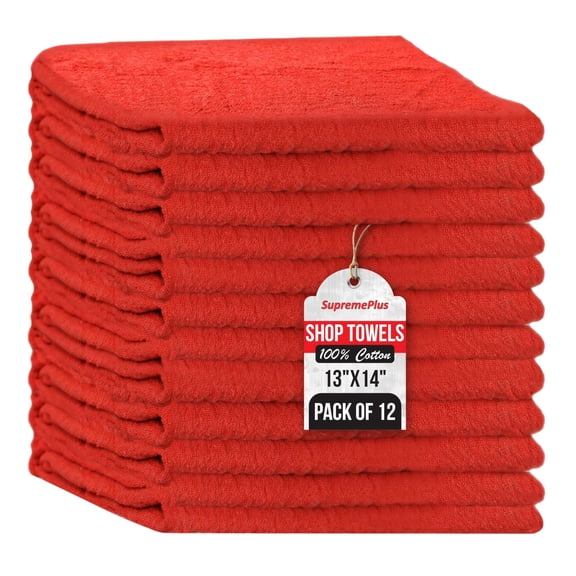 SupremePlus Red Shop Towels 12 Pack, 13 x 14 Inches, Highly Absorbent Cotton Cleaning Cloths for Commercial, Household, Mechanics, and Painters Use