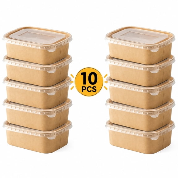 Disposable Rectangular Kraft Paper Food Containers with Lids, 10-Pack 25.4 Fl Oz Microwavable Leakproof Meal Boxes for Meal Prep, Takeout, Picnic