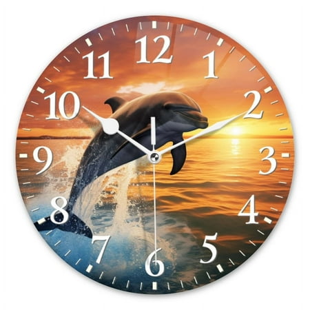 Decorative Round Wall Clocks Non-Ticking Silent Battery Operated Clocks with Photo for Bedroom,Living Room-Dolphin Jumping Out Of The Sea At Sunset(10inch)