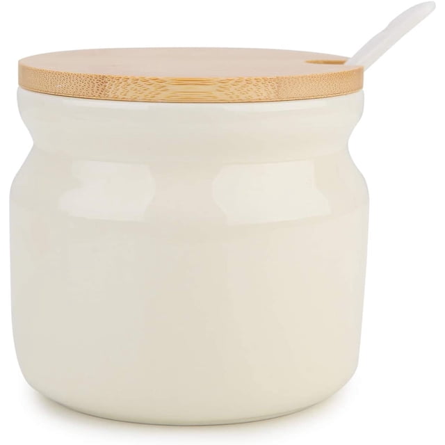 Azucarero de cerámica, 230 ml, té, café, azucarero con tapa y cuchara, tarro de especias para azúcar, sal, condimentos para cocina, hogar, blanco ER