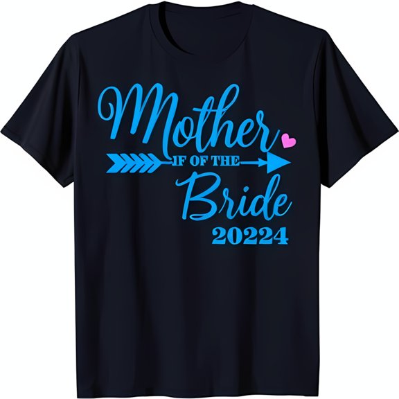 Stylish Black T-Shirt with Bright Blue 'Mother of the Bride' Graphic & Heart
