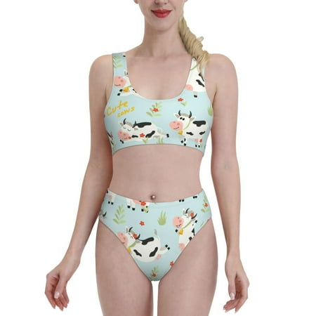 Bixox Cute Cows Pattern Two-Piece Sports Bikini with U-Shaped Top and High-Waist Bottom - Women s Swimwear with Removable Bra Pads