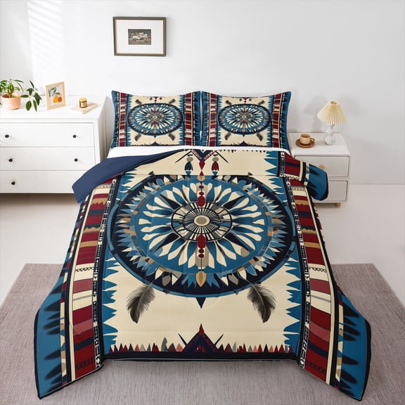 Manfei Bohemian Feather Aztec 2pcs Bedding Comforter Set for Teens Female Men,Exotic Style Twin Comforter Sets,Tribal Theme Breathable Bedding Set,Lightweight Room Decor,Reversible