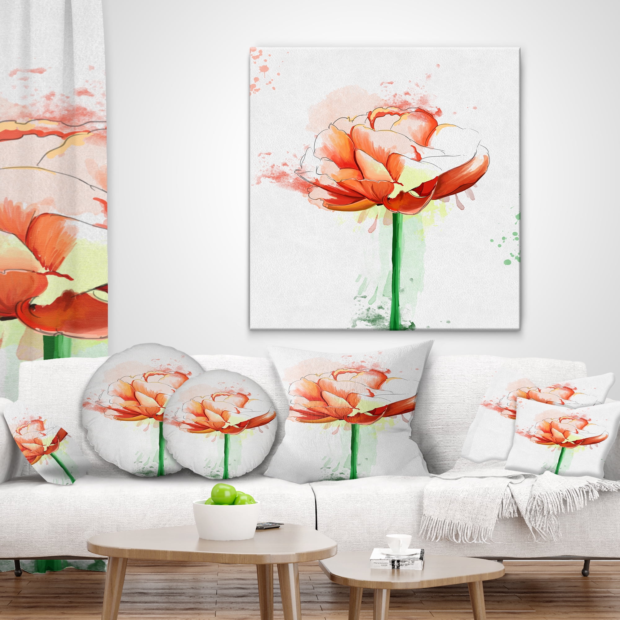 Designart Rose with Stem and Paint Splashes - Floral Throw Pillow - 16x16
