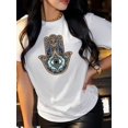 thumbnail image 1 of Women's Bohemian Black T-Shirt with Intricate Hamsa Hand & Eye Design - 92% Cotton/8% Elastane Blend, Stretchy Short Sleeve Round Neck Top, Machine Washable All-Season Casual Shirt, 1 of 6