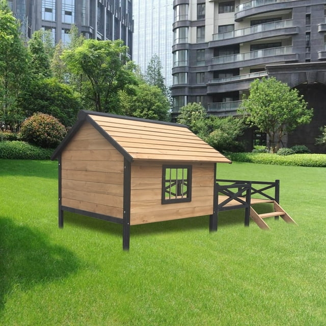 Outdoor Allseason Rainproof Wooden Dog House with Stairs and Porch