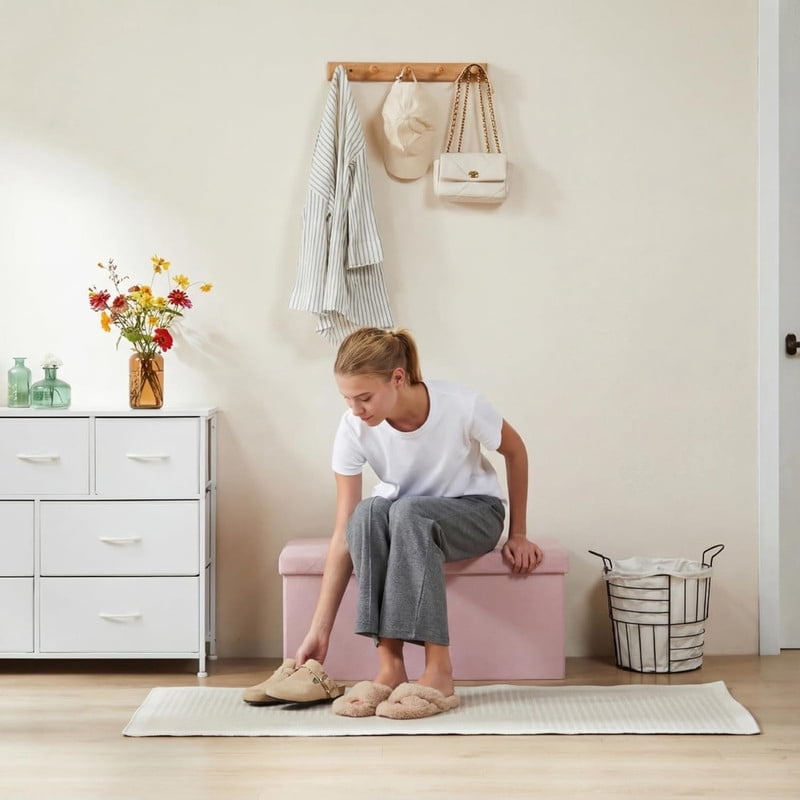 Kelno 30" Foldable Storage Ottoman Bench Linen Footrest Stool with Foam Padded Seat, Pink