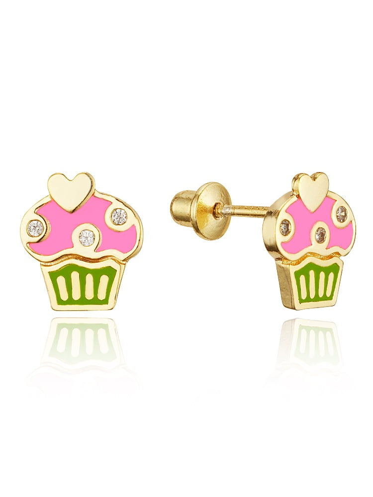 14k Gold Plated Enamel Cupcake Baby Girls Screwback Earrings with Sterling Silver Post