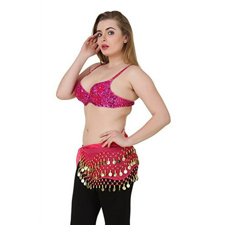 Hip Shakers Exotic Floral Embellished Sequin Belly Dance Bra Top, Hot Pink,  L/XL