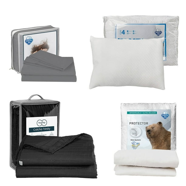 Colcha individual Acabado Ultrasónico Trinity Negro + Protector de colchón + Juego de Sábanas + Almohada Frosty
