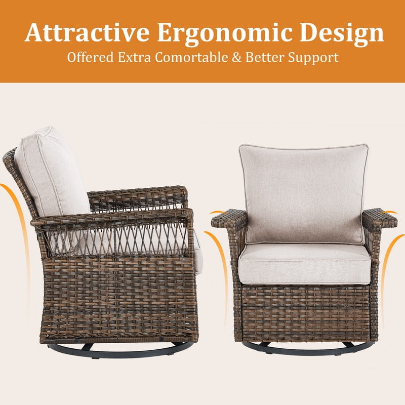 PARKWELL 5 Pieces Patio Furniture Set with Fire Pit Table, Outdoor All-Weather Wicker Conversation 360 Degree Swivel Gliders Chairs Set, Modern Seating Furniture for Porch Deck, Brown/Beige