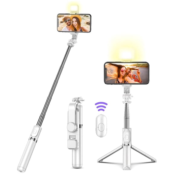 Selfie Stick with LED Light, Wireless Remote Shutter Button and Tripod Base - White