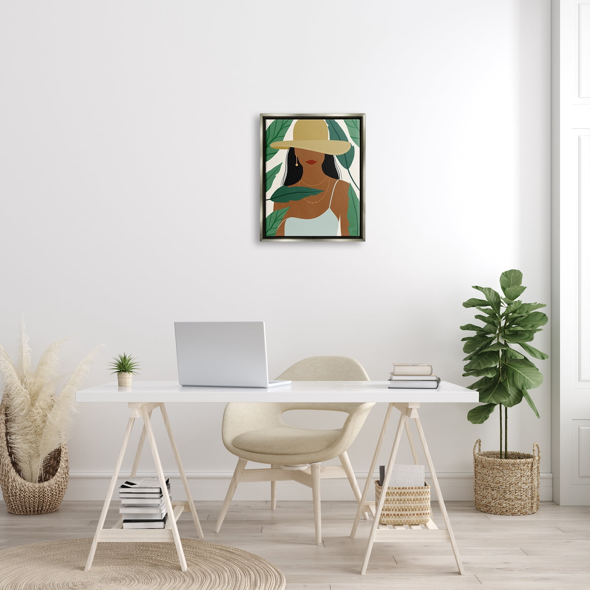 Stupell Industries Smiling Woman Wearing Sun Hat Drifting Leaves Graphic Art Luster Gray Floating Framed Canvas Print Wall Art, Design by Birch&Ink