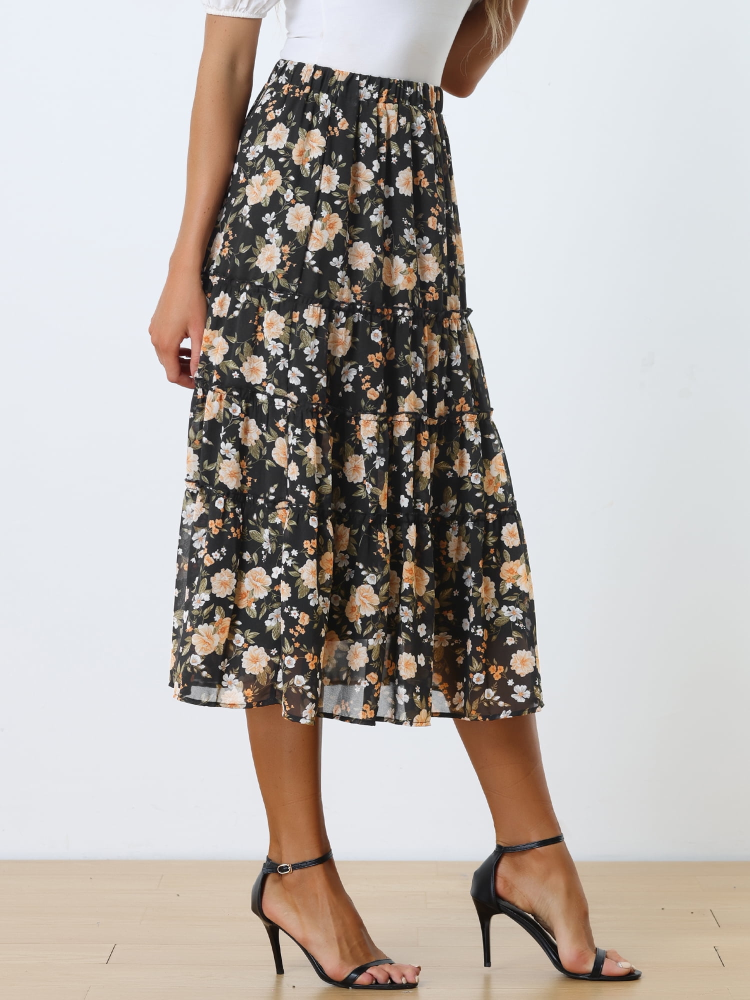 DARING DIVA Women's Chiffon Tiered A-Line Maxi Skirt M Blacks