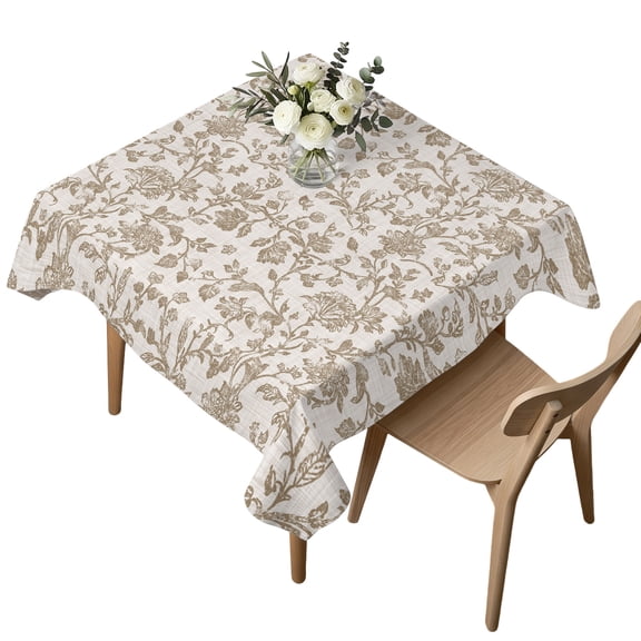 Square Tablecloth, Vintage Pastoral Khaki Flower Waterproof Table Cloth 60x60 in Watercolor Pastoral Plant Linen Washable Spillproof Table Cover for Kitchen Dining Party Decor Outdoor Camping
