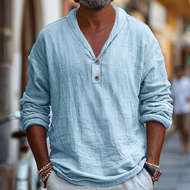 pstuiky camisa de manga larga para hombre, Camisa/top de manga larga con solapa de lino y color liso para hombre tops de invierno para hombre xxxl
