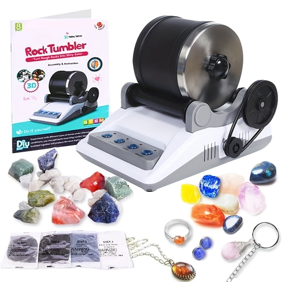 2 Belts Rock Tumbler Kit for Kids & Adults - 4-Stage Polishing Grits (Coarse/Fine/Polishing/Final), Bag of Rough Stones, Geographic Rock Polisher for DIY Gemstone Polishing