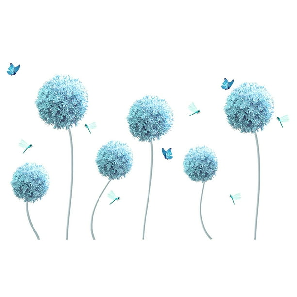 CNGELG Blue Dandelion Wall Decals Flying Butterflies Flower Wall