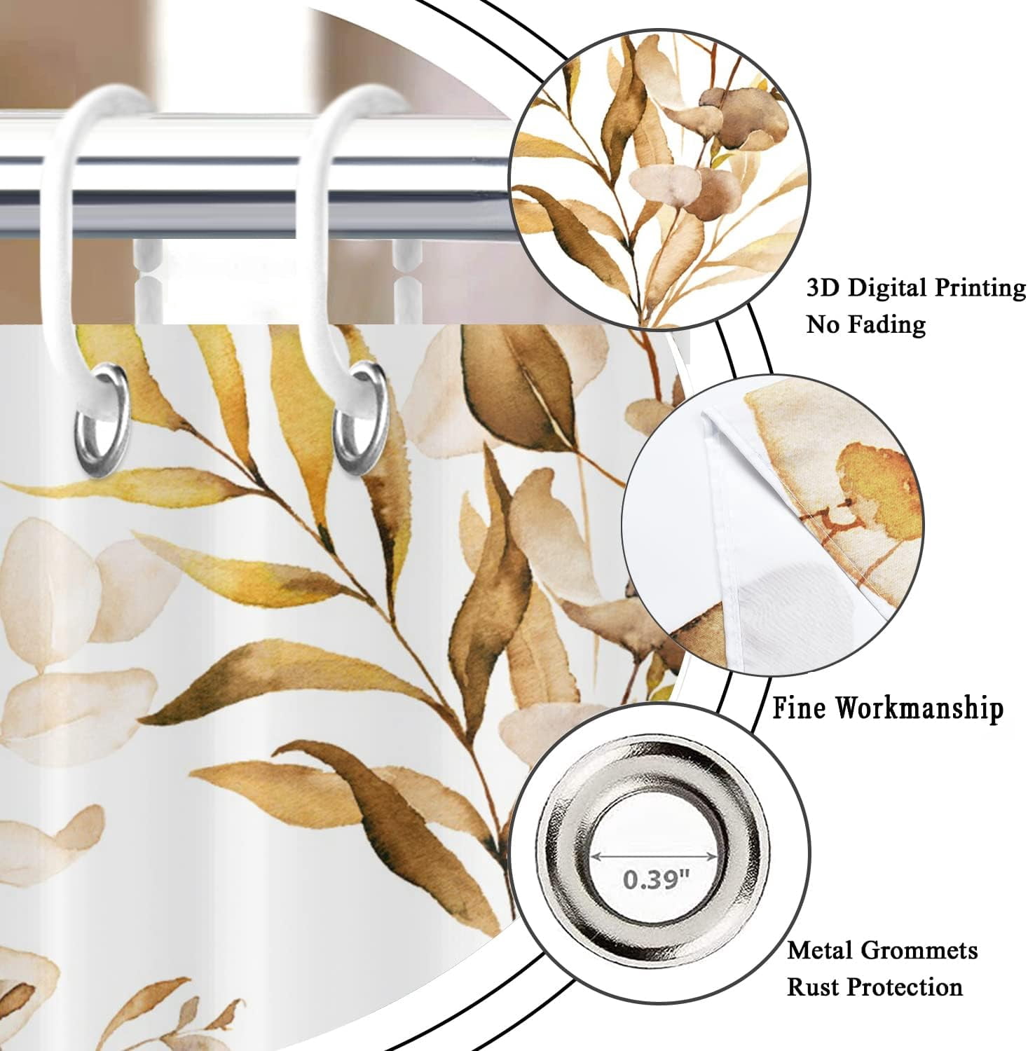 Brown Eucalyptus Leaf Long Shower Curtain, Brown Botanical Watercolor Plants Bathroom Curtain Bathtub Home Decor Waterproof Fabric Machine Washable with 12 PCS Hooks,72" Wx84 L