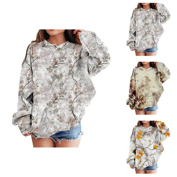 Camo Hoodies for Girls Long Sleeve Cute Graphic Hooded Sweatshirt with Pockets Kids Girl Pullover Tops
