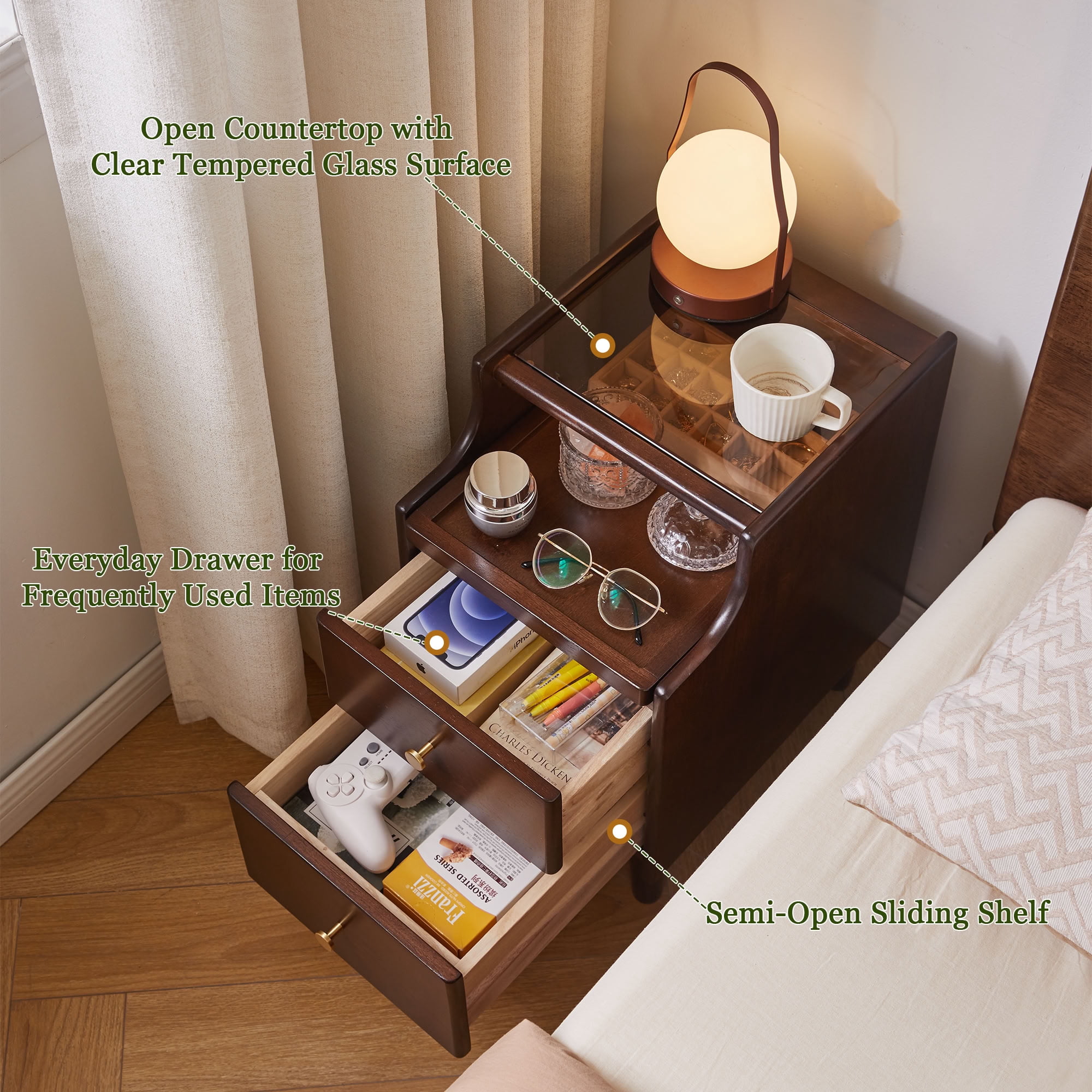 MAYEERTY Narrow Solid Wood Nightstand with 2 Drawers & Pull-Out Open Shelf, Compact Bedside End Table with Raised Anti-Slip Edge, for Bedroom Living Room Small Apartment Spaces