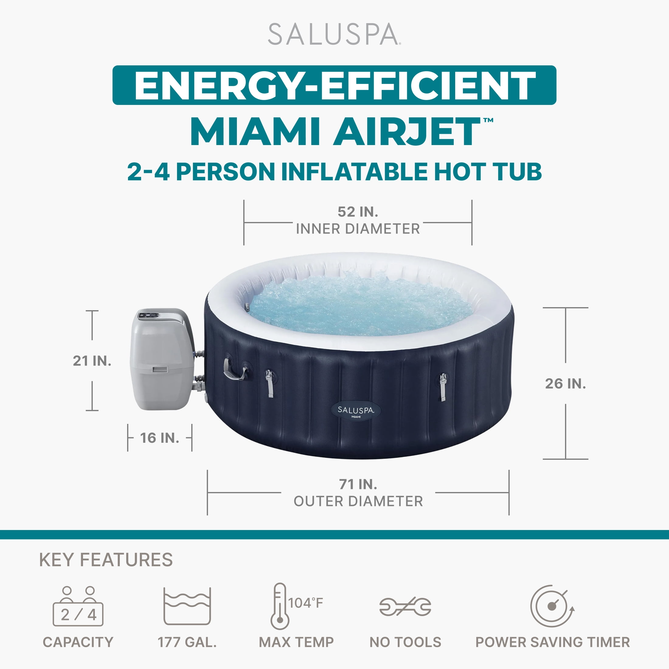 Bestway SaluSpa Miami 2-4 Person Inflatable Hot Tub, Round Energy-Efficient Spa, 71"x26"
