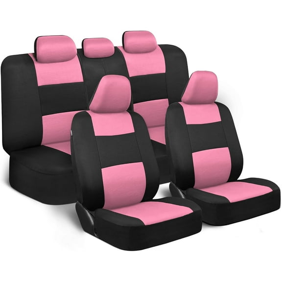 Car Seat Covers Full Set in Pink on Black, Front and Rear Split Bench Seat Covers for Cars, Easy to Install Car Seats Cover Set and Accessories for Auto Trucks Van SUV - Pink