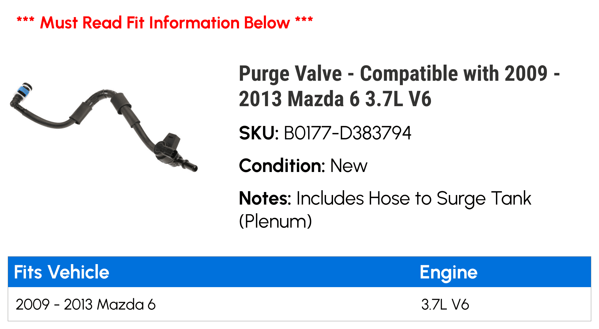 Purge Valve - Compatible with 2009 - 2013 Mazda 6 3.7L V6 2010 2011 2012