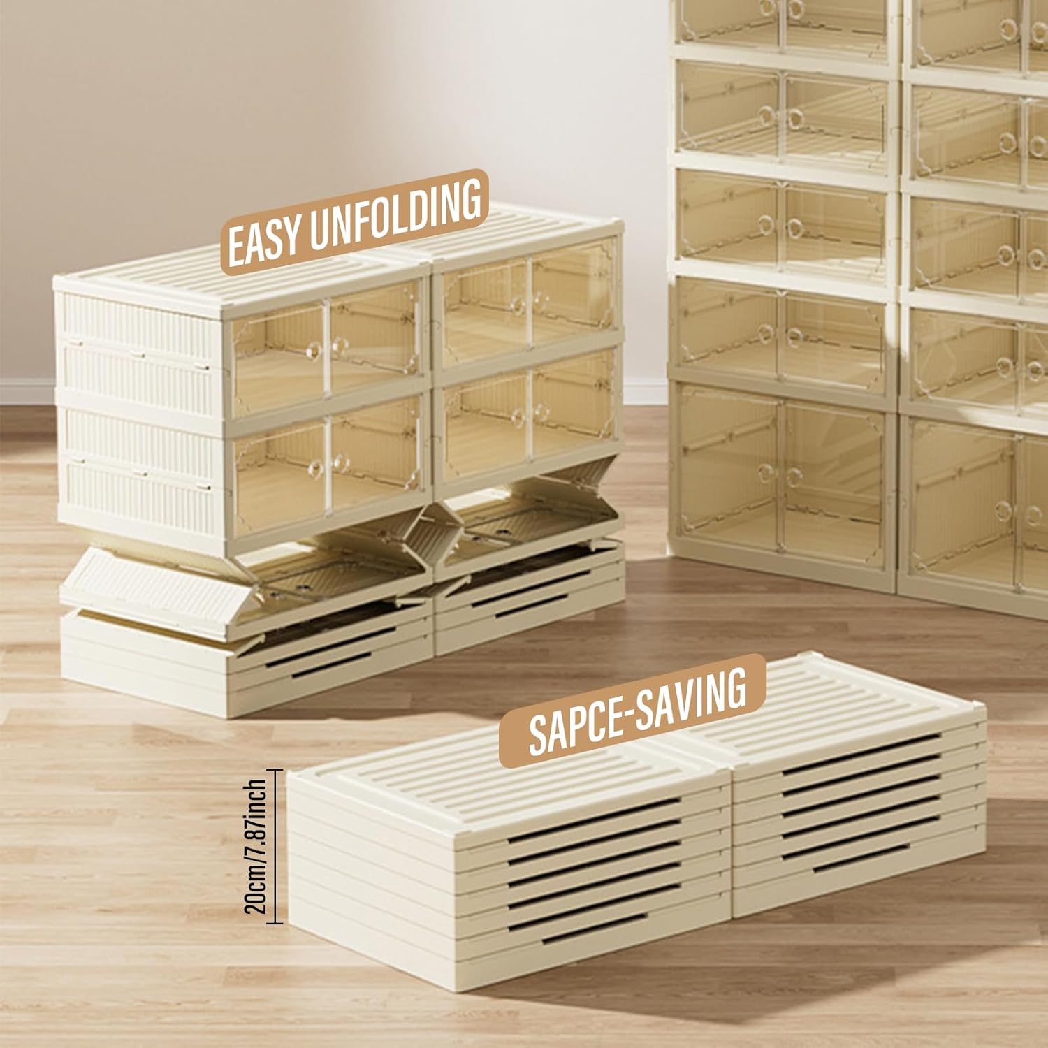 6 Tier Foldable Shoe Rack Organizer Clear Collapsible Storage Box with Magnetic Door Stackable Shoe Cabinet Bin for Closet Entryway (6 Tier)