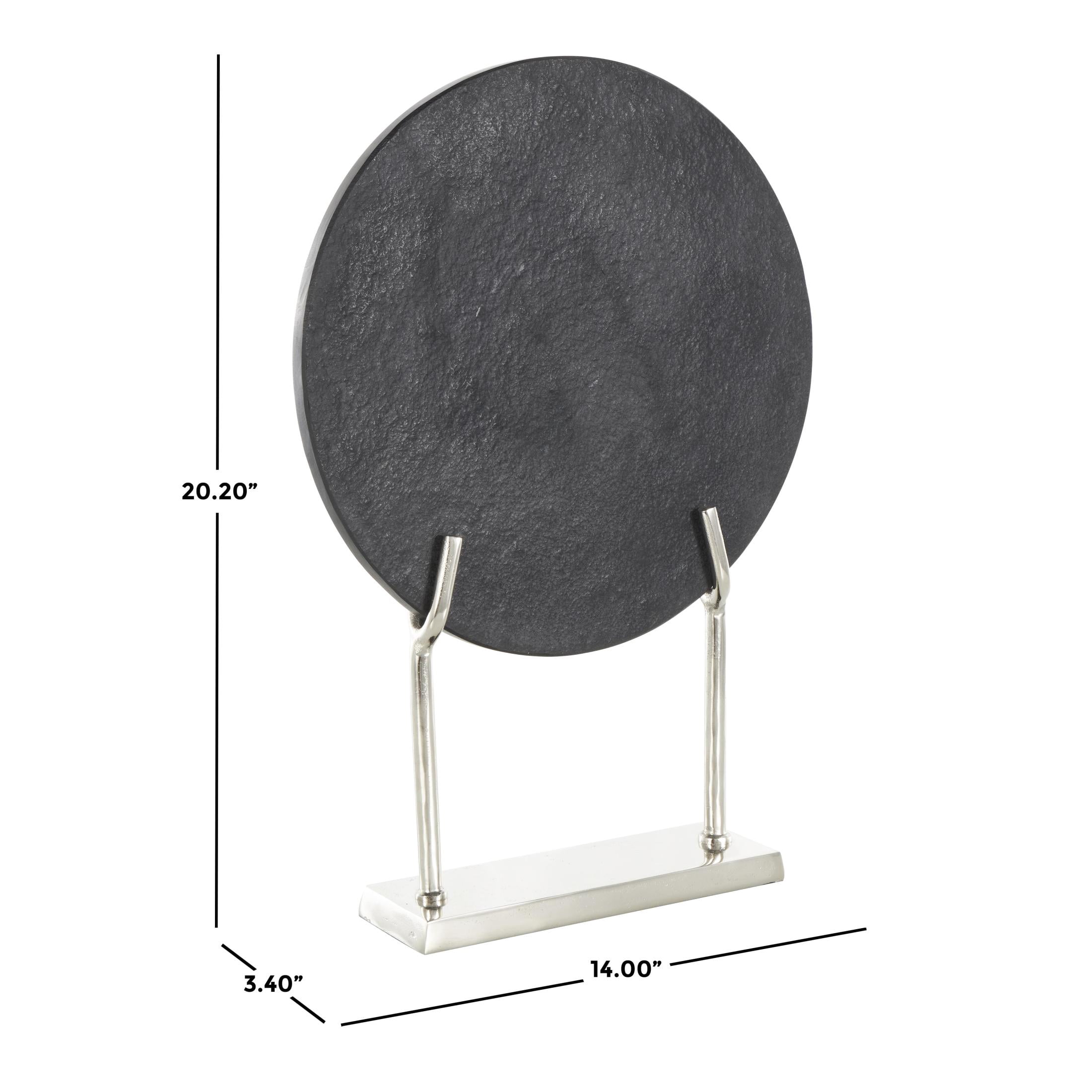 14" x 20" Black Marble Textured Disk Abstract Sculpture with Silver Stand, by DecMode