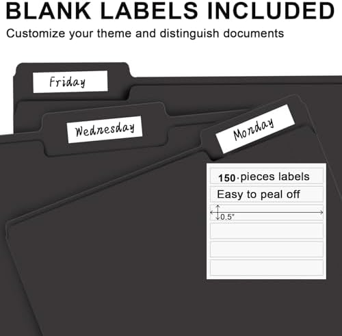 File Folder,  150 Pack 1/3 Cut Tab File Folders Letter Size, Black Folders for Dcouments, Folders with Tab Great for Organizing and Easy File Storage