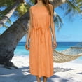 thumbnail image 2 of Lenago Dresses for Women Solid Color Sleeveless Dress Zipper Round Neck Stripe Linen Dress Summer Shirt Dress, 2 of 9