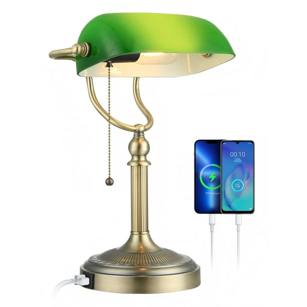 Lámpara de escritorio Newrays Green Glass Bankers con puerto de carga USB