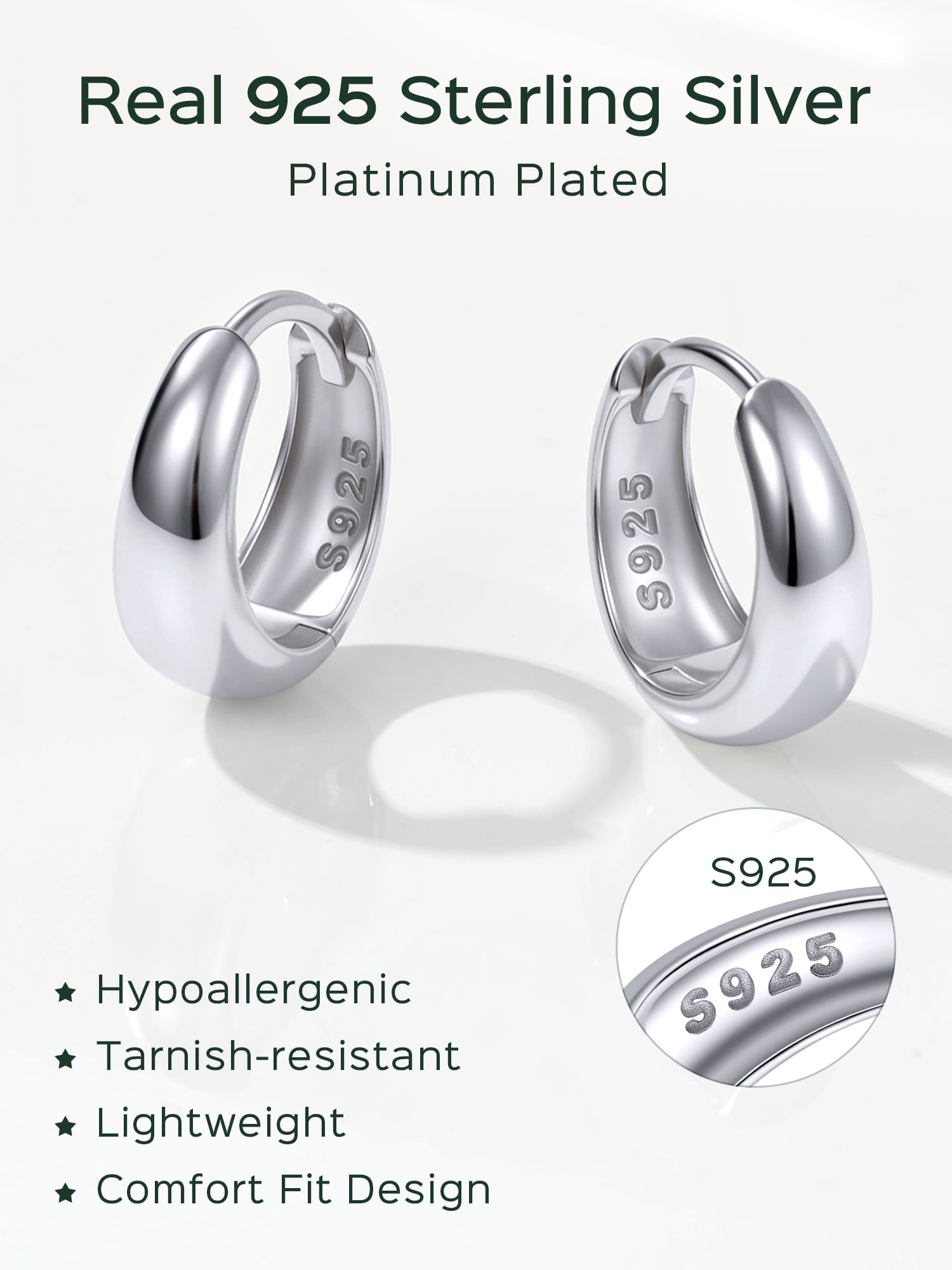 ChicSilver Solid 925 Sterling Silver Chunky Hoop Earrings for Women Hypoallergenic Thick Huggie Earring Wide Hoops Everyday Hoop Earrings