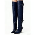 thumbnail image 3 of FSJ Women Chic Thigh High Boots Double Buckle Pointed Toe Side Half Zipeer Kitten Heel Over The Knee Boots Size 6.5 Navy Leather, 3 of 5