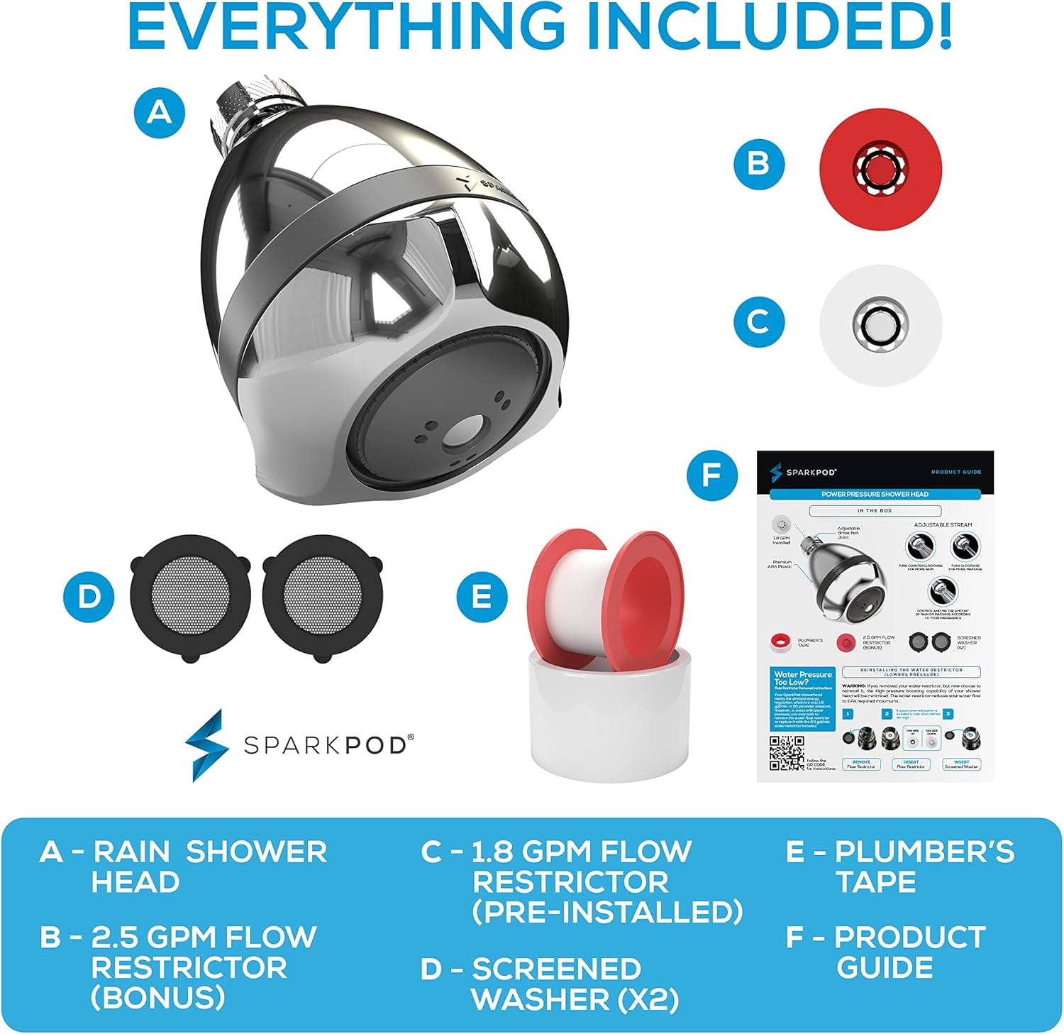 SparkPod High Pressure Shower Head, Rain, Massage & Pulsating Modes, Wall Mount Showerhead (Polished Chrome)