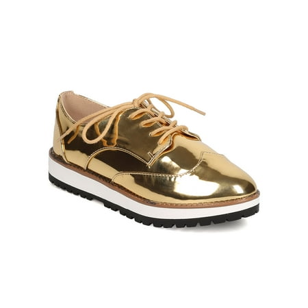 

New Women Qupid Newbie-15 Metallic Leatherette Lace Up Spectator Loafer