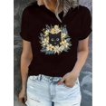 thumbnail image 1 of Women's Floral Cat Print T-Shirt - Soft Polyester Crew Neck Tee with Adorable Black Cat & Flower Design, Casual Short Sleeve for Casual Attire, Casual Wear Tee | Playful Print Tee | Polyester Fabric,, 1 of 8