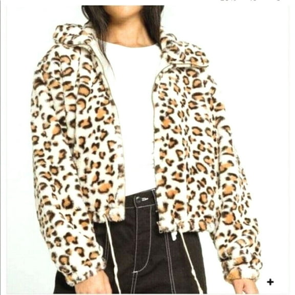 Victoria's Secret Pink Know One Cares Faux Fur Semi Crop Full Zip Jacket Beige Brown Leopard Medium New