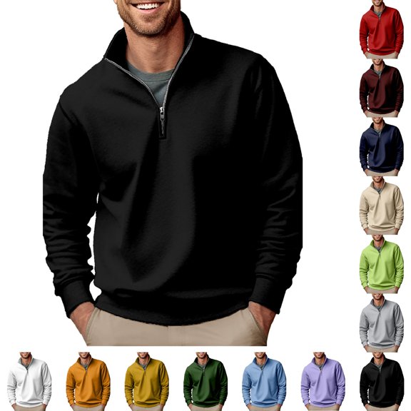 Blekii Men's Fleece Lined Quarter Zip Sweatshirt, Thickened Stand Collar Pullover Top, Solid Color Warm Layer for Winter, Soft Plush Interior, Casual Sporty Design, Ideal for Cold