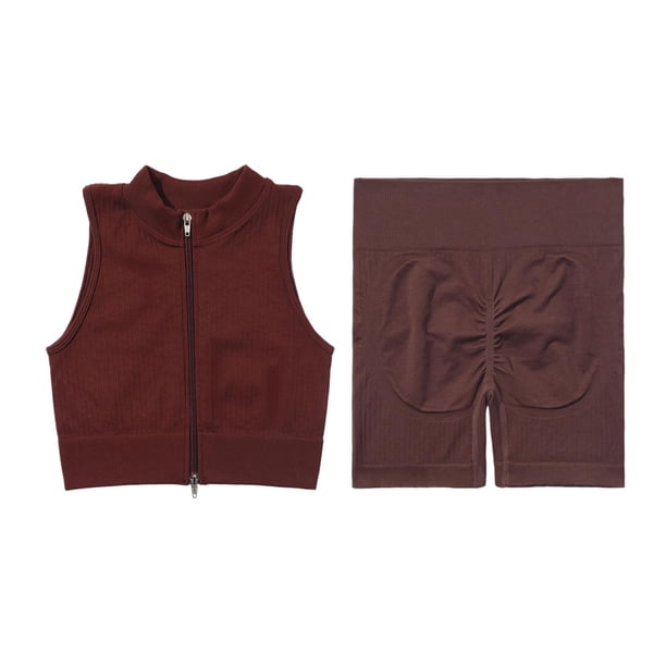 Conjuntos de entrenamiento para mujer, camiseta sin mangas acanalada, Top corto sin costuras, traje de gimnasio de cintura , conjuntos de pantalon , Marrón M Baoblaze pantalones cortos de sujetador de yoga