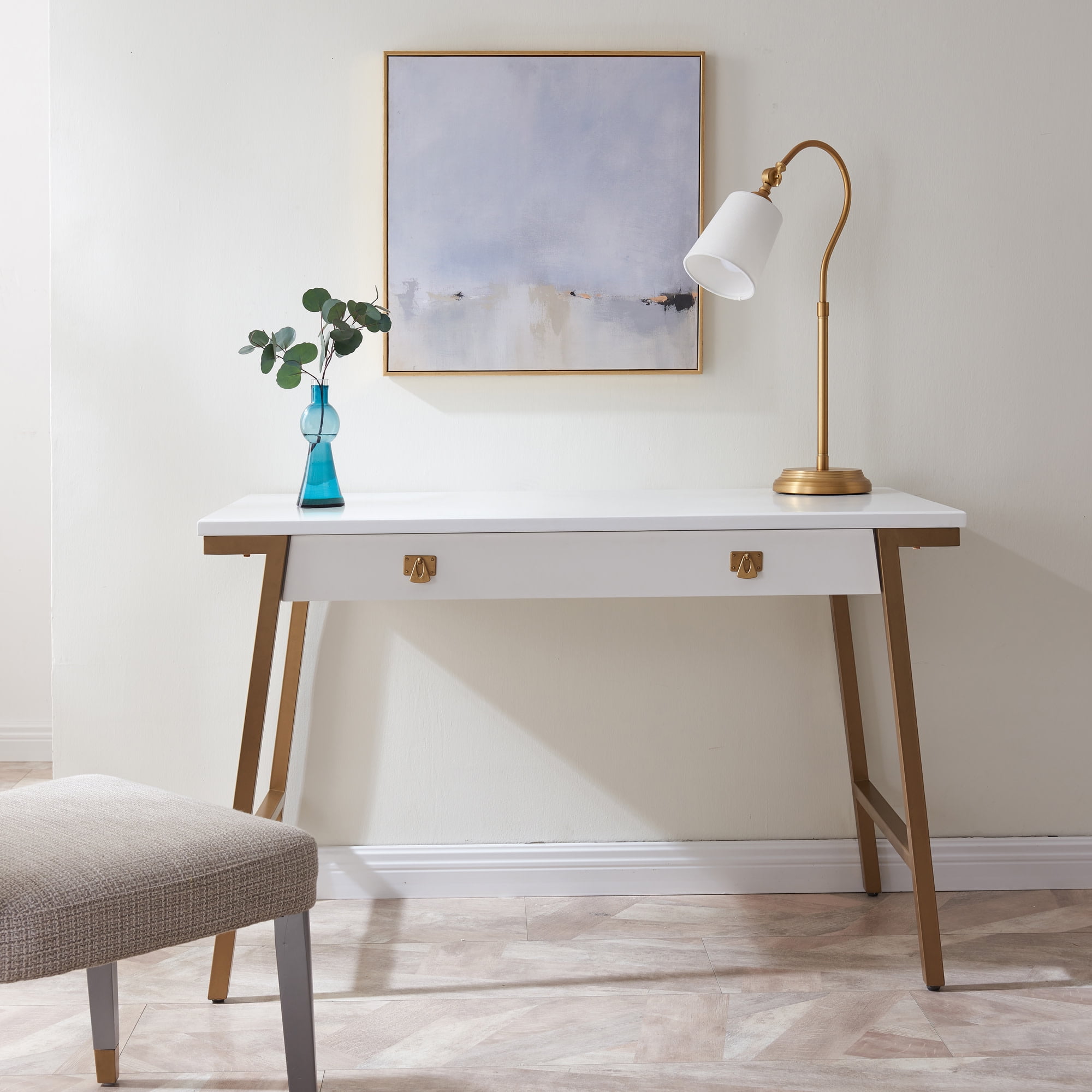 Leick Home Empiria Wood and Metal Computer Desk with Keyboard Drawer, White/Gold
