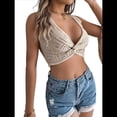 thumbnail image 3 of Top Corto Sin Mangas de Punto Acanalado con Cuello en V y Frontal para Mujer Caqui L, 3 of 9
