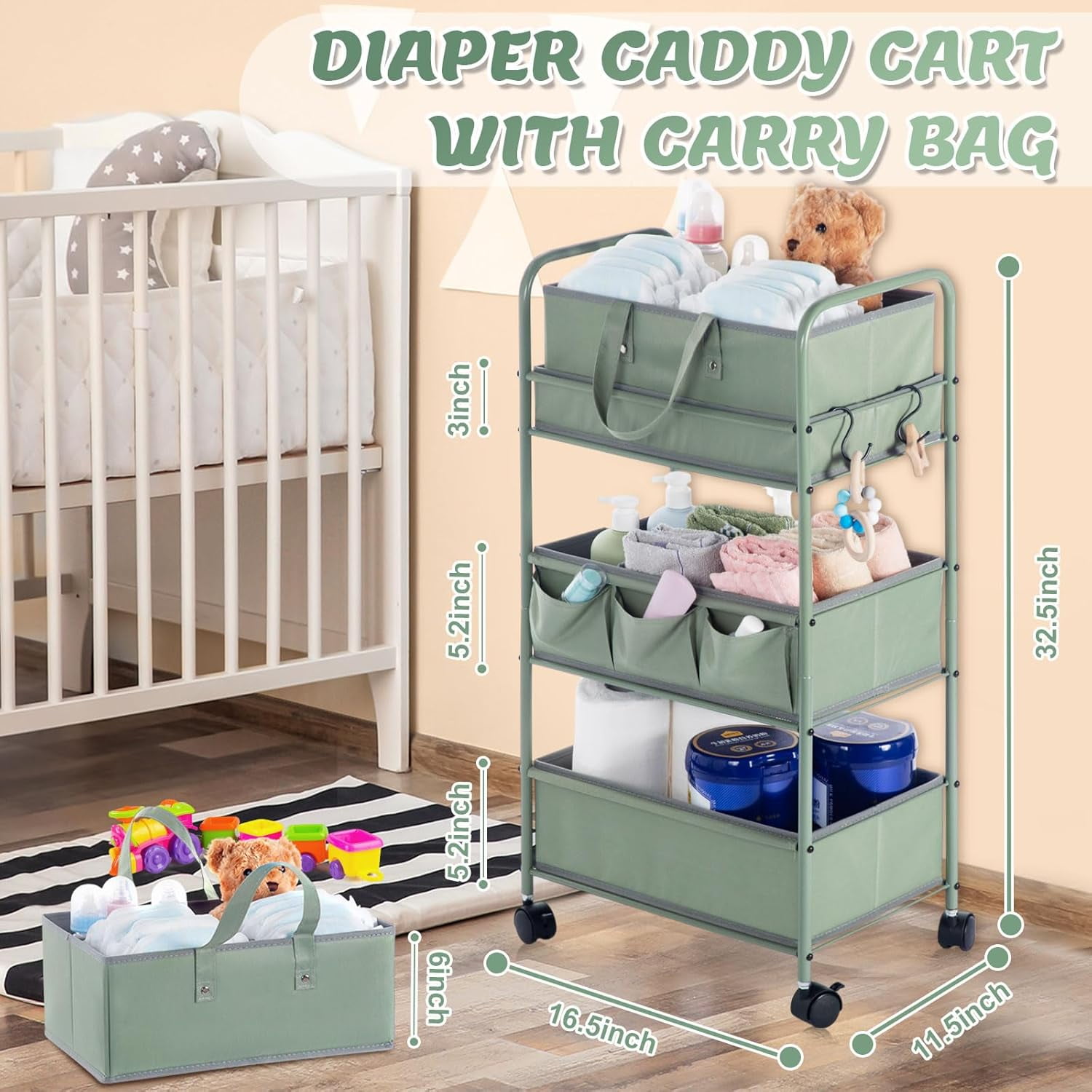 2in1 Baby Diaper Caddy Organizer Cart 3 Tier Large Capacity Metal Utility Bedside Rolling Cart with Divider Newborn Registry Nursery Essential Must Have Crib Bedroom Baby Shower(Colorful)