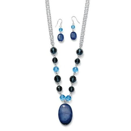 PalmBeach Jewelry 48714 10. 40 TCW Oval-Cut Genuine Blue Quartz Silvertone Metal Necklace 16'' and Drop Earrings Set